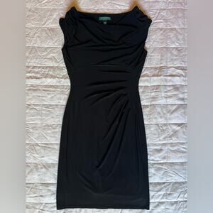 LRL Black Wrap Effect Cowl Neck Elegant Black Midi Dress Classic Holiday - 6